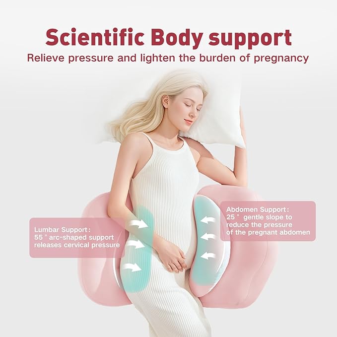 Pregnancy Pillow, Portable Maternity Pillow for Pregnant Women, Travel Wedge Pillow for Side Sleeper, Relief Body Pillow Support for Back, Belly, Waist, Removable & Adjustable Cover, Pink