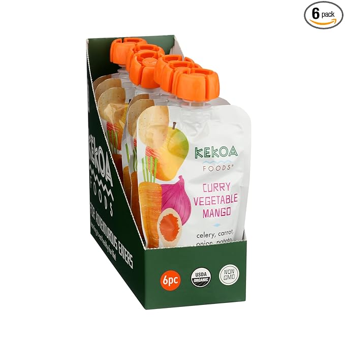 Kekoa Foods Curry Vegetable Mango Baby Food Purée | 100% USDA Certified-Organic, No Sugar Added | Organic, Non-GMO, Gluten-Free, Vegan | Mild Curry with Celery, Carrot & Potato | 3.5 oz Squeeze Pouch