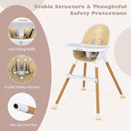 BABY JOY Convertible Baby High Chair, 3 in 1 Wooden Highchair/Booster/Chair with Removable Tray, Adjustable Legs, 5-Point Harness, PU Cushion and Footrest for Baby, Infants, Toddlers (Beige)