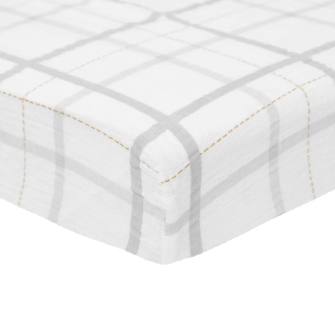Little Unicorn Premium Crib Sheet | Breathable & Super-Soft Muslin Fabric (Grey Plaid)