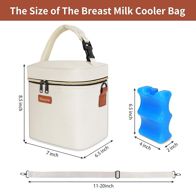 Mancro Breastmilk Cooler Bag for Travel, Fits 4 Baby Bottles Up to 9 Ounce, Baby Bottle bag with Ice Pack, Insulation Breast Milk Cooler Travel, Cream