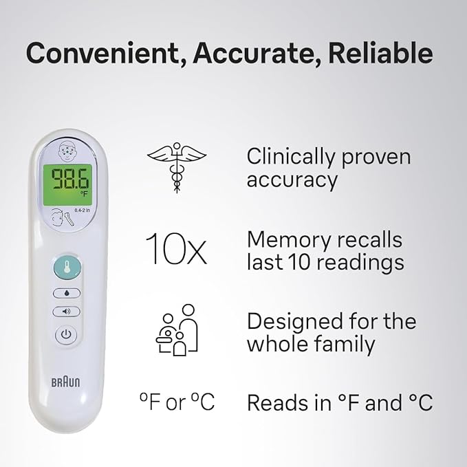 Braun No Touch 3-in-1 Thermometer for Adults, Kids & Babies, Measures Forehead, Liquid and Food Temps, Professional Accuracy & Color Coded Fever Guidance