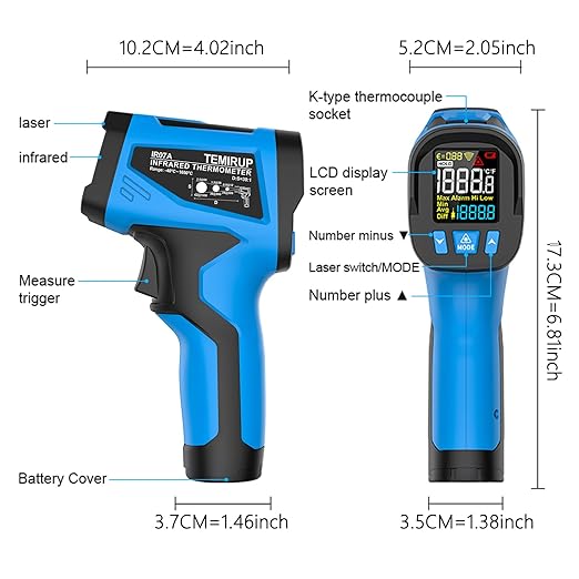Infrared Thermometer Temperature Gun, -40℉~2462℉, 30:1 Pyrometer High Temp Thermometer with K-Probe, Non-Contact Digital IR Laser Thermometer Temp Gun for Cooking, Engine, Kiln, Forging, HVAC