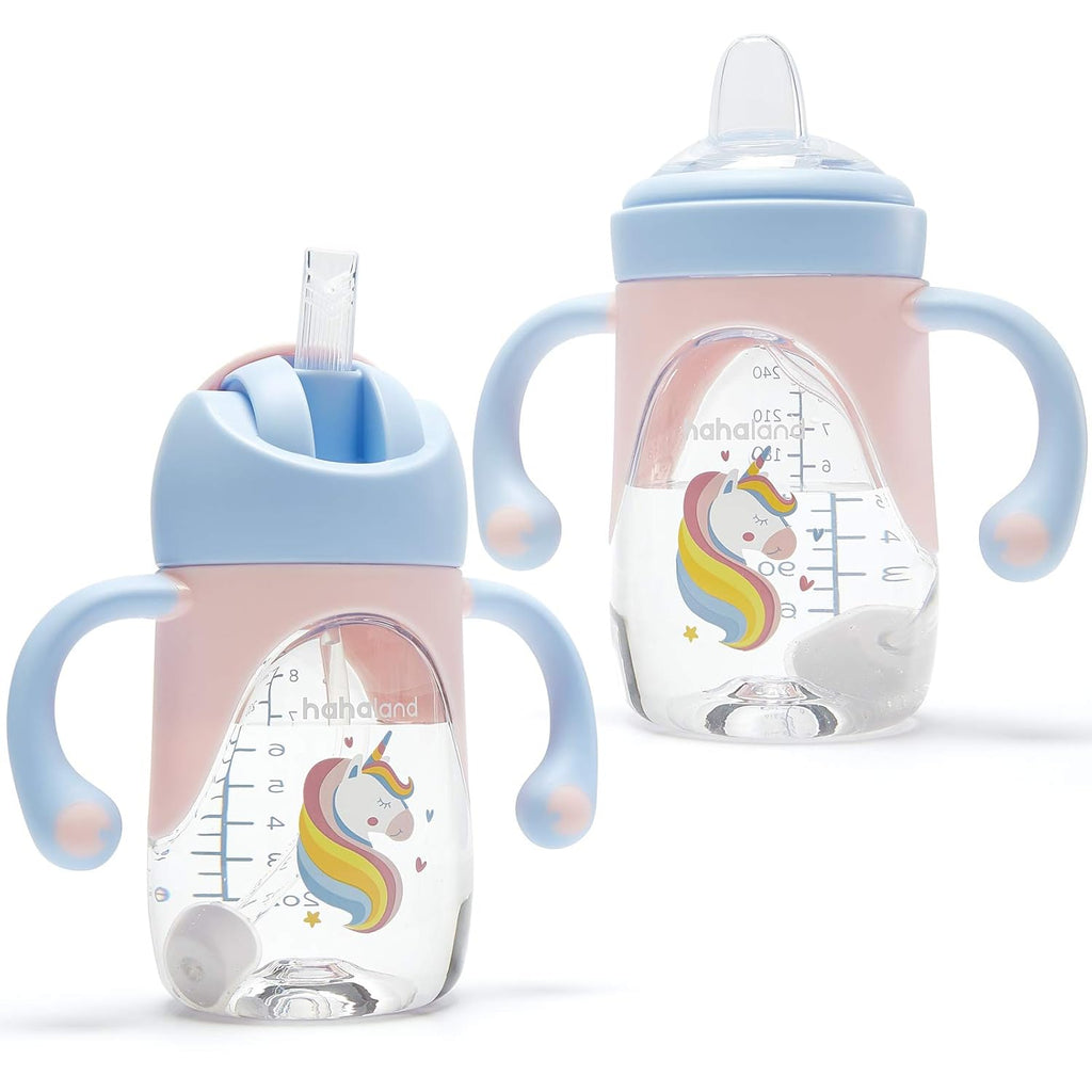 hahaland Sippy Cups for Baby 6-12 Months - 2 in 1 Spout & Straw Unicorns Sippy Cups for Toddlers 1-3 No Spill Transition Weighted Straw Cup (1 Cup with 2 Nipples)