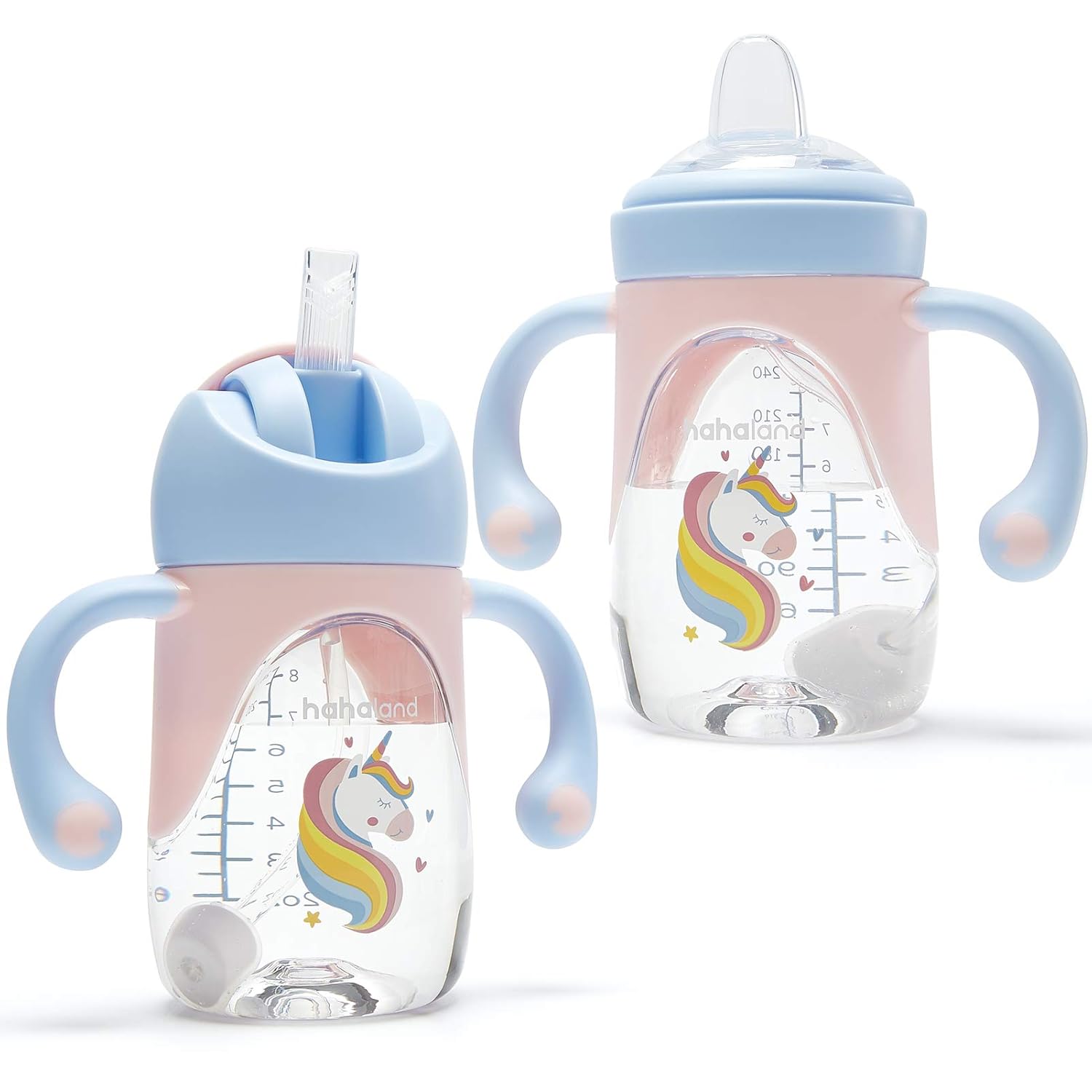 hahaland Sippy Cups for Baby 6-12 Months - 2 in 1 Spout & Straw Unicorns Sippy Cups for Toddlers 1-3 No Spill Transition Weighted Straw Cup (1 Cup with 2 Nipples)