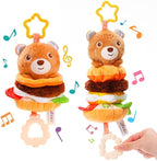 Jollybaby Baby Musical Pull String Hanging Toys for Stroller Car Seat Crib Play Gym, Plush Stuffed Hamburg Bear Toy for Carseat with Music Teether Crinkle, Sensory Toy for 0-6-12-18 Months Baby Gifts