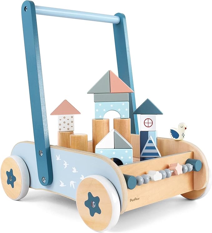 PairPear Wooden Baby Walker with Blocks & Brake – Montessori Push Cart, Adjustable Speed, Anti-Slip Wheels, Gift for 1-3 Y Boys & Girls