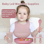 Silicone Baby Feeding Set, Baby Led Weaning Supplies, Baby Spoons Suction Divided Plate Bib Cup, First Stage Solid Food Eating Utensils - 6+ Months(Pink-Red)
