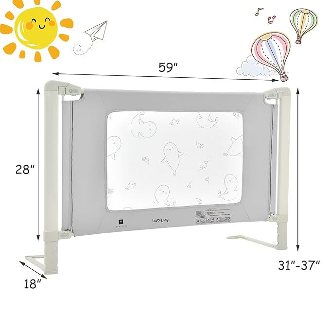 BABY JOY Bed Rails for Toddlers, 59'' Extra Long, Height Adjustable Kids Rail Guard w/Double Safety Lock for Convertible Crib, Folding Baby Bedrail for Twin Double Full Size Queen King Mattress, Gray