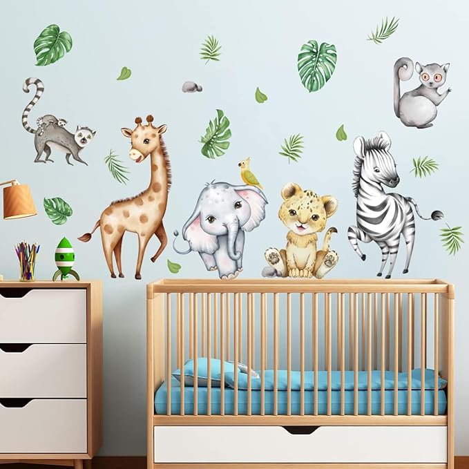 Watercolor Jungle Animal Decals - Forest Safari Elephant Tiger Giraffe Stickers for Baby Nursery, Playroom, Bedroom, Classroom, Kindergarten Wall Decor