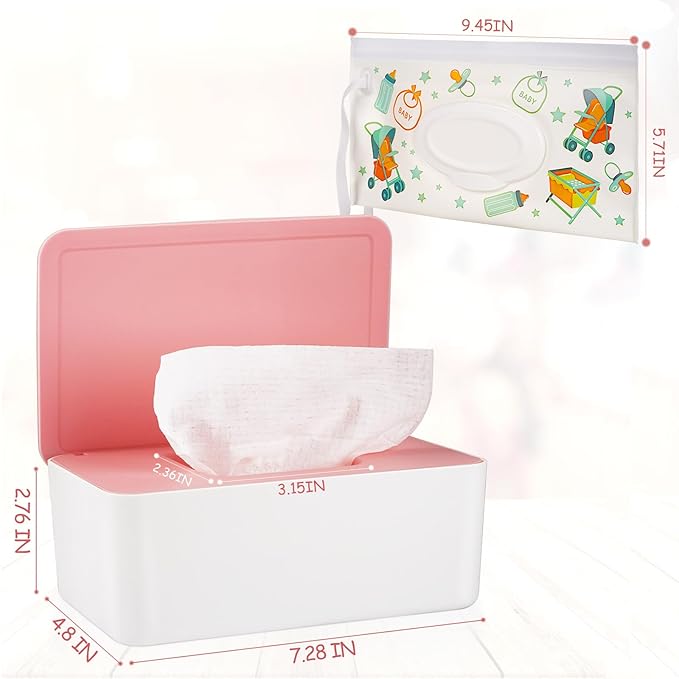 Diaper Wipes Dispenser Wipes Holder, Wipes Tissue Case Keeps Wipes Fresh Tissue Wipes Container with Lid (Pink)