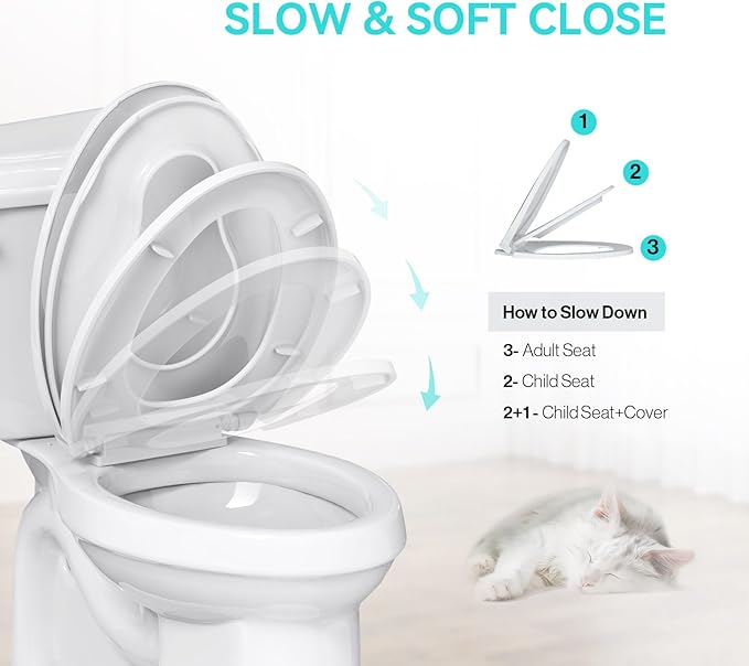 R&T Elongated Toilet Seat with Built in Potty Training Seat, Slow Close Toddler Seat Fits both Adult and Child, Easy To Install & Clean