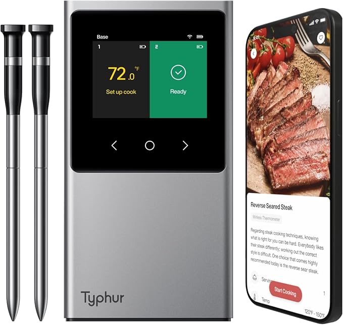Sync WiFi Wireless Meat Thermometer Digital, 2 Probes, Smart Base, LCD Display, Unlimited Range, Bluetooth 5.4, Improved Stability, NIST-Certified Accuracy, BBQ, Grill, Smoker, Oven, Kitchen