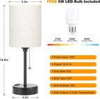Small Bedside Lamp With 3 Color Modes - Off White 2700K 3500K 5000K Bedroom Light With USB C and A Ports, Pull Chain, AC Outlet, Black Metal Base for Kids Reading