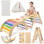 Pikler Triangle Set with Cushion, 8-in-1 Toddler Climbing Toys Indoor, Wooden Montessori Climbing Set with Arch Ramp,Ladder&Tent Cloth, Baby Indoor Climber Jungle Gyms for Toddlers Toy, Rainbow