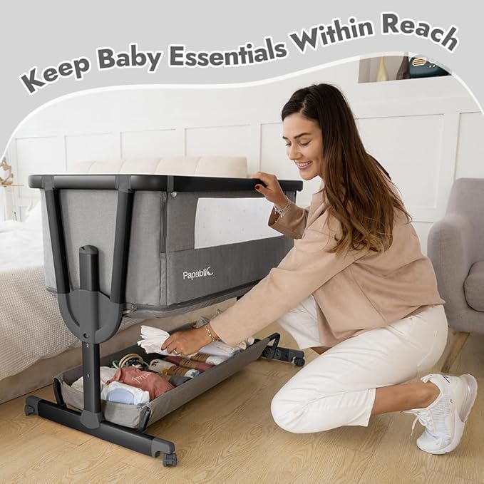 Papablic 4 in 1 Baby Bassinet, Bedside Bassinet for Baby, Adjustable Rocking Bassinet Bedside Sleeper with Soft Mattress & Storage Basket, Easy to Assemble, Black