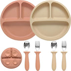 Silicone Baby Feeding Set, 2 Pack Divided Suction Plates for Baby, 2 Pack Spoons and Forks Set Baby Eating Essentials, Feeding Supplies for Toddler Utensils, BPA Free