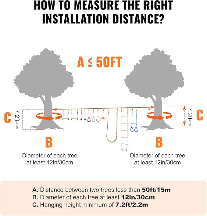 VEVOR Ninja Warrior Obstacle Course for Kids, 1 x 50 ft Weatherproof Slacklines, 500lbs Weight Capacity Monkey Line, Outdoor Playset Equipment, Backyard Toys Training Equipment Set with 10 Obstacles