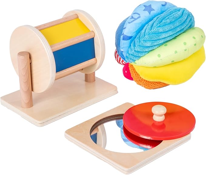 Montessori Baby Toys Play Kit - Mirror, Peekaboo, Knob Puzzle, Spinning Drum, Rainbow Ball - 6-12 Months Toddlers