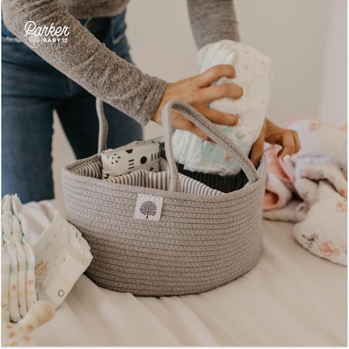 Parker Baby Rope Diaper Caddy Organizer - Nursery Storage Bin and Car Organizer for Diapers and Baby Wipes - Diaper Organizer for Baby Essentials, Baby Shower Gifts - Gray