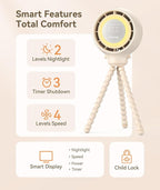 Dreamegg Portable Stroller Fan - 4000mAh Rechargeable Baby Stroller Fan With LED Display, Night Light, Hidden Blade, Detachable 4 Speed 360°Rotate, Handheld Cooling for Crib,Travel, Car Seat, Bedroom