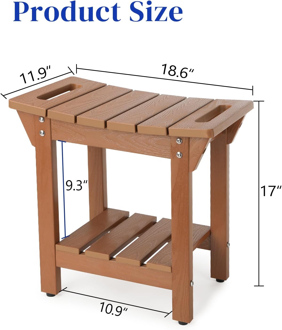 Waterproof Shower Bench, Poly Lumber Shower Stool for Shaving Legs, Shower Chair Seat with Storage Shelf and Handles, Bathroom Bench for Inside Shower, Non-Slip (Brown)