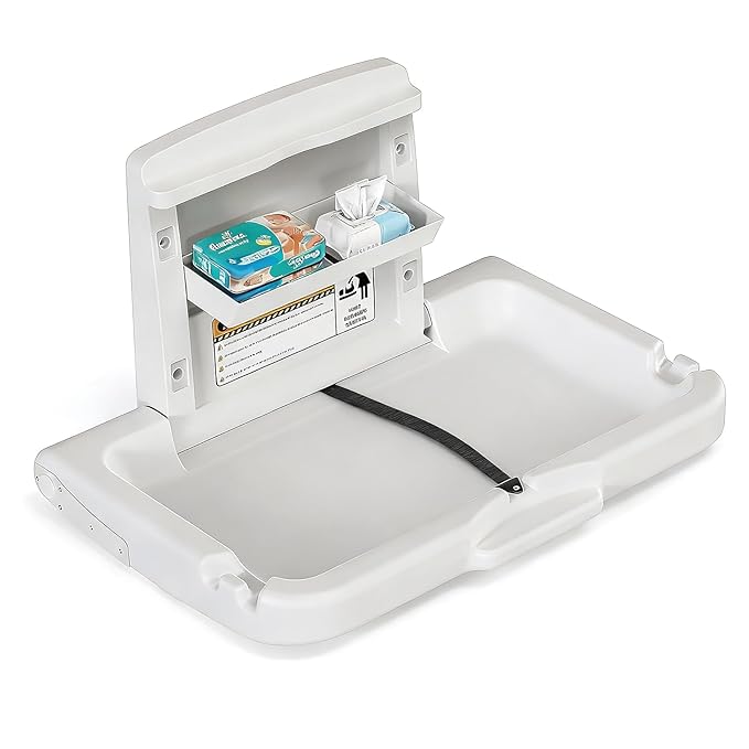 BELZAR Wall Mounted Baby Changing Station - Horizontal Baby Foldable Wall Mounted Changing Table with Safety Strap Paper Holder for Commercial Bathrooms, ADA Complaint White Gray