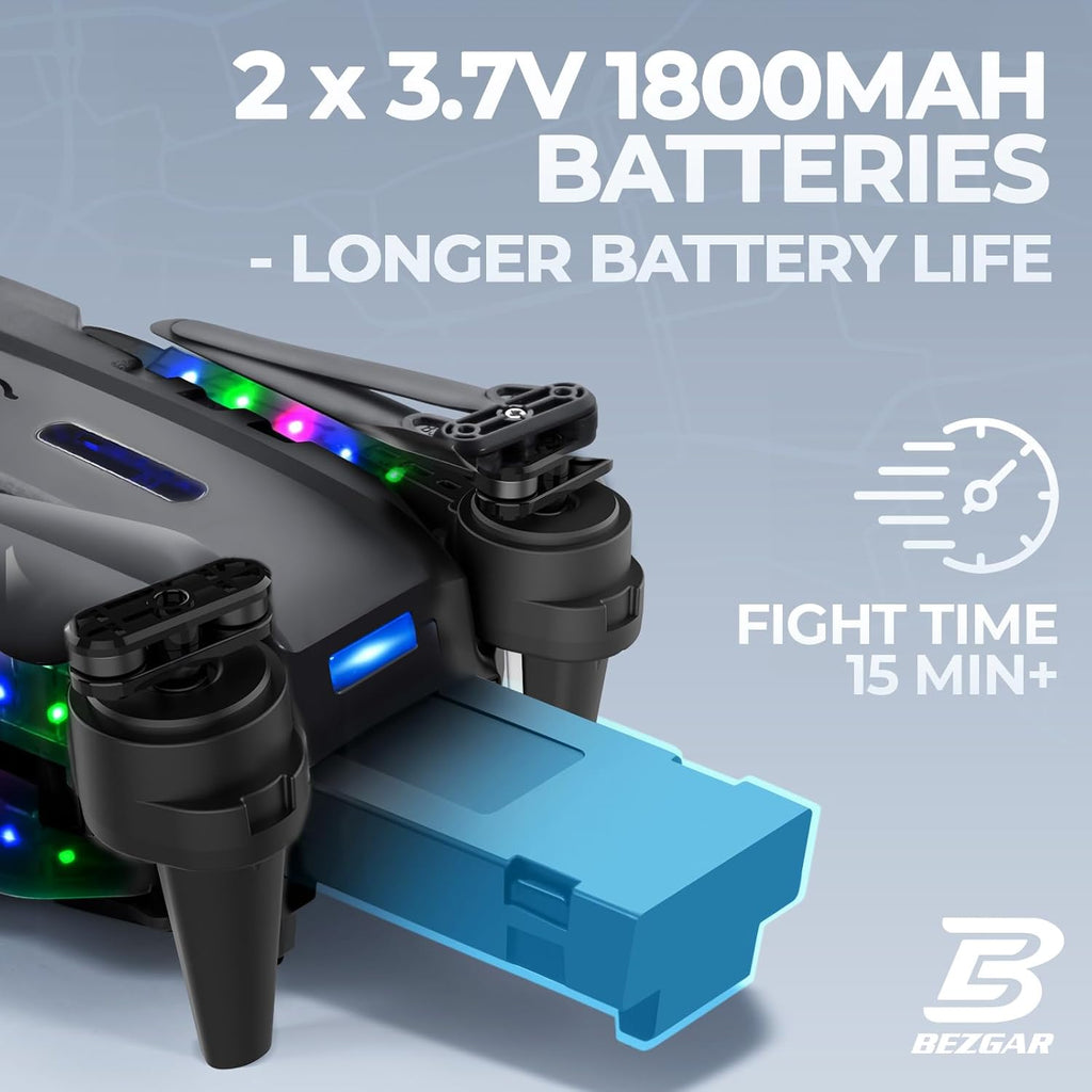 Drone with Camera 1080P HD, Foldable Mini FPV Drones with LED Lights for Adults Kids and Beginners, Toys Gifts RC Quadcopter with One Key Take Off, 3D Flips for Boys Girls with 2 Batteries, Black