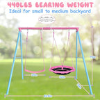 440lbs 2 Seat Kids Swing Sets for Backyard, 1 Saucer Tree Swing 32 inch, 1 Belt Swings, Heavy Duty Metal Swing Stand with Anchors(Pink+Blue)