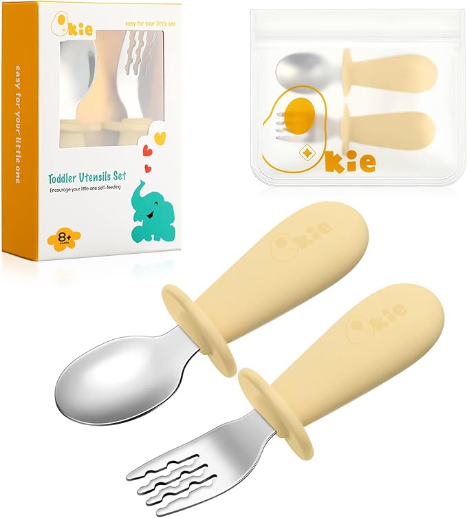 Toddler Utensils, Toddler Forks and Spoons, Baby Spoons Self Feeding, Stainless Steel Baby Silverware with BPA Free Silicone Easy Grip, 8 Months+