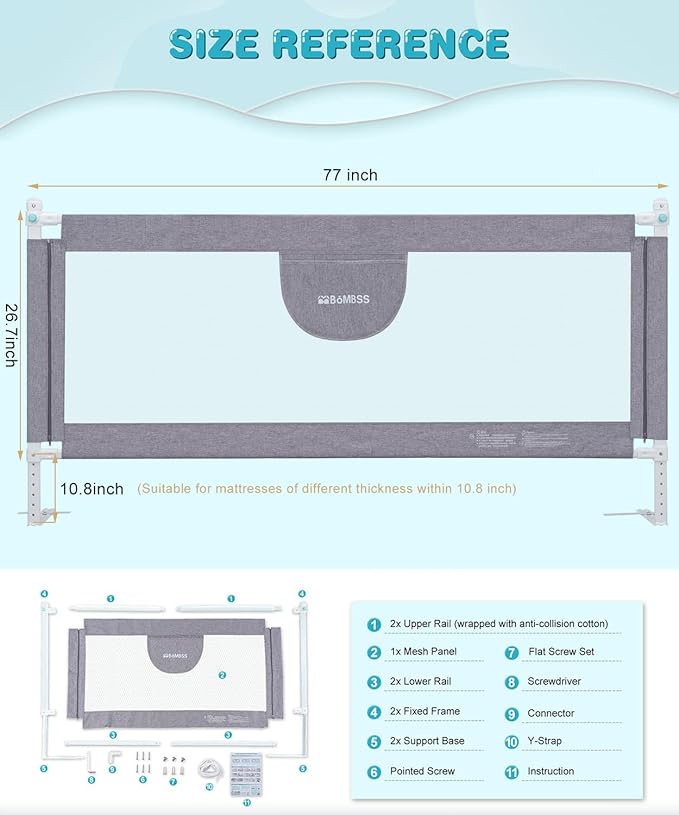 MBQMBSS Baby Bed Rails for Toddlers - 77’’ Extra Long Adjustable Baby Bed Side Rail Guard with Y-Strap for Kids Twin,Double,Full Size Queen & King Mattress (Gray/White) (77 Inch(L) X26.7(H))(1 Side)