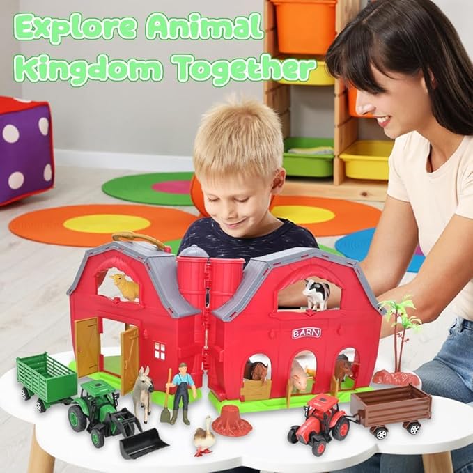 BOLZRA Farm Animals Big Red Barn Toy for 1 2 3 4 5 Years Old Toddlers, Kids Farm Figures Fence Playset with Tractor, Preschool Montessori Learning Toys, Christmas Birthday Easter Gift for Boys Girls