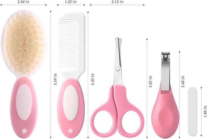 Baby Grooming Kit with Storage Pouch Baby Brush Soft Bristles 5 pcs-Infant Brush, Rounded Comb, Safety Scissors, Nail Clippers & Emery Board -Health Care Kit for Newborns & Toddlers Pink