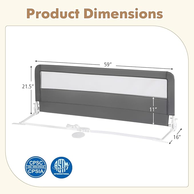 Costzon Bed Rail for Toddlers, 2 PCS Extra Long Swing Down Safety Bed Guards w/Straps for Convertible Crib, Kids Twin, Double, Full Size, Queen & King Bed, Folding Bed Rails for Baby (59-Inch, Gray)