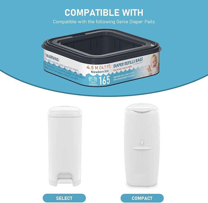 Square Starter Refills Disposal Bags Refill Compatible with Diaper Genie Classic, Compact and Select Pails, Hold Up to 165 Newborn-Sized Diapers Per Refill, 6 Pack