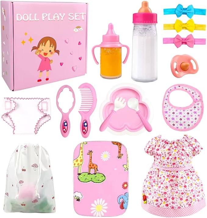 BNUZEIYI Baby Accessories - Feeding and Caring Set With Bottles, Diaper, Changing Mat, Clothes for 14-16 Inch Dolls, 18 Inch Pretend Play Set for Girls Gift