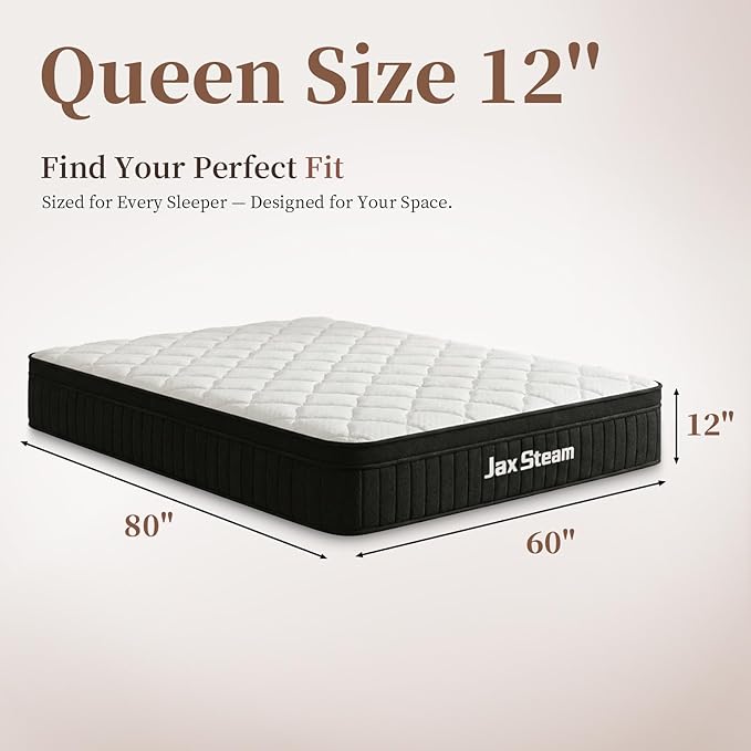 12 Inch Queen Mattress, Queen Size Memory Foam Mattress & Pocketed Coils, Medium Support for Pressure Relief & Motion Isolation, Fiberglass Free, Certified Safe Materials, Mattress in A Box