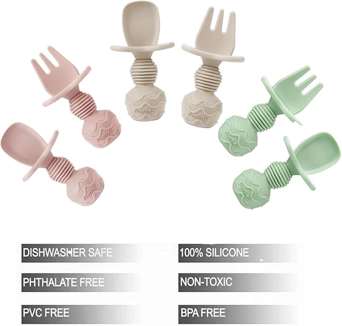 PandaEar 6 Pack Silicone Baby Spoons and Fork Feeding Set- Anti-Choke First Self Feeding Utensils for Baby Led Weaning Ages 3 Months (Pink, Green&Linen)