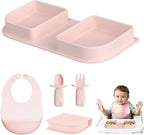 Traval Silicone Foldable Feeding Set, On-the-Go Baby Feeding Supplies Including Toddler Plates, Silicone Baby Spoon&Fork, Adjustable Foldable Bib, Portable Infant Toddler Utensils, Pink