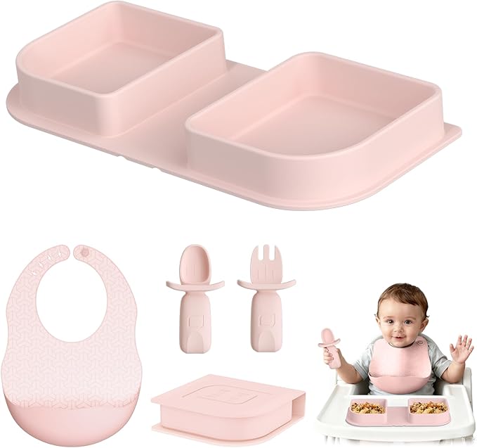Traval Silicone Foldable Feeding Set, On-the-Go Baby Feeding Supplies Including Toddler Plates, Silicone Baby Spoon&Fork, Adjustable Foldable Bib, Portable Infant Toddler Utensils, Pink