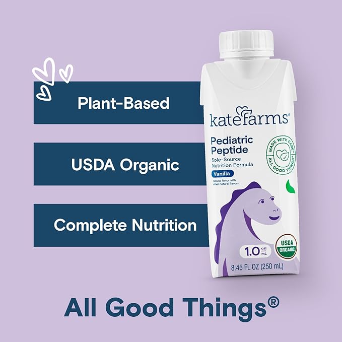 KATE FARMS Organic Pediatric Peptide 1.0 Formula, Vanilla, Sole-Source Hydrolyzed Plant-Based Nutrition for Oral or Tube Feeding, 8.45 oz (12 pack)