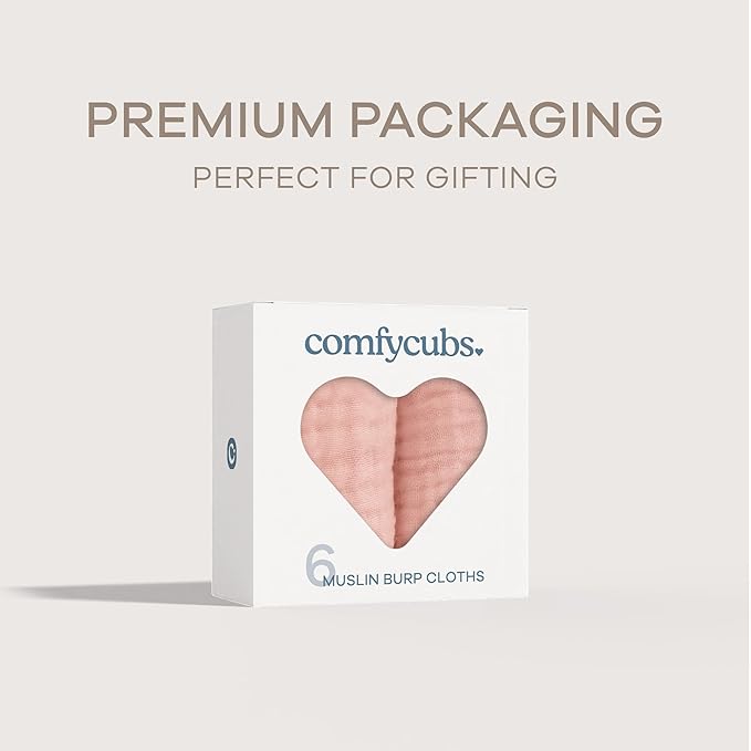 Comfy Cubs Muslin Burp Cloths 20" x 10", Pack of 6 - Large, 6-Layer, Ultra Absorbent 100% Cotton for Baby Drool and Messes - Soft, Safe & Gentle Baby Burp Cloths Set for Boys & Girls - Lace