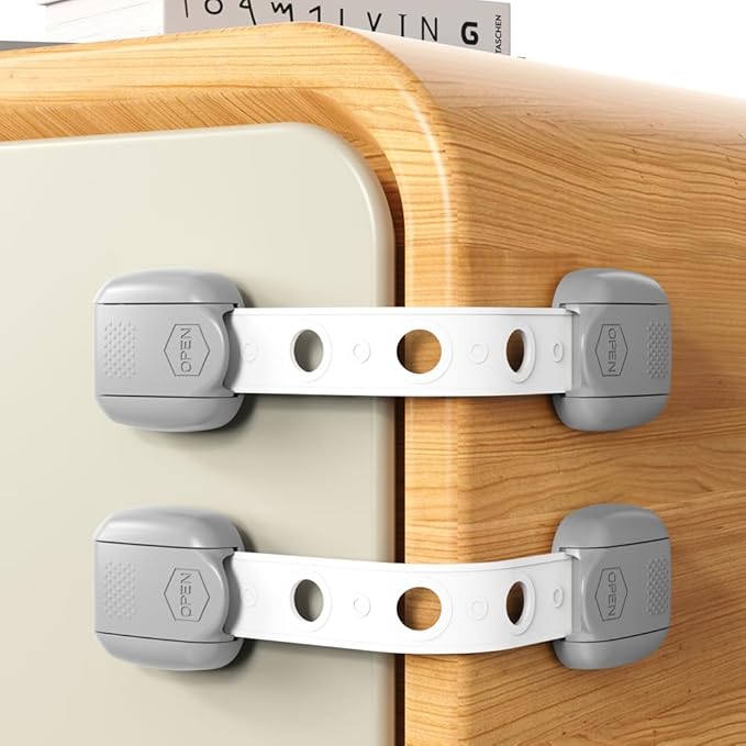 Child Safety Strap Locks (10 Pack) Baby Locks for Cabinets and Drawers, Toilet, Fridge & More. Adhesive Pads. Easy Installation, No Drilling Required, White/Gray (Gray, 10 pcs (Pack of 1))