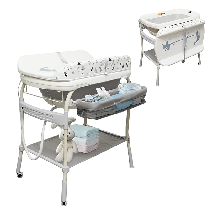 2 in 1 Baby Bathtub with Changing Table, DEYGIA Waterproof Diaper Changing Station Portable Changing Table Adjustable Height Nursery Organizer with Storage Racks for Newborn Infant Toddler