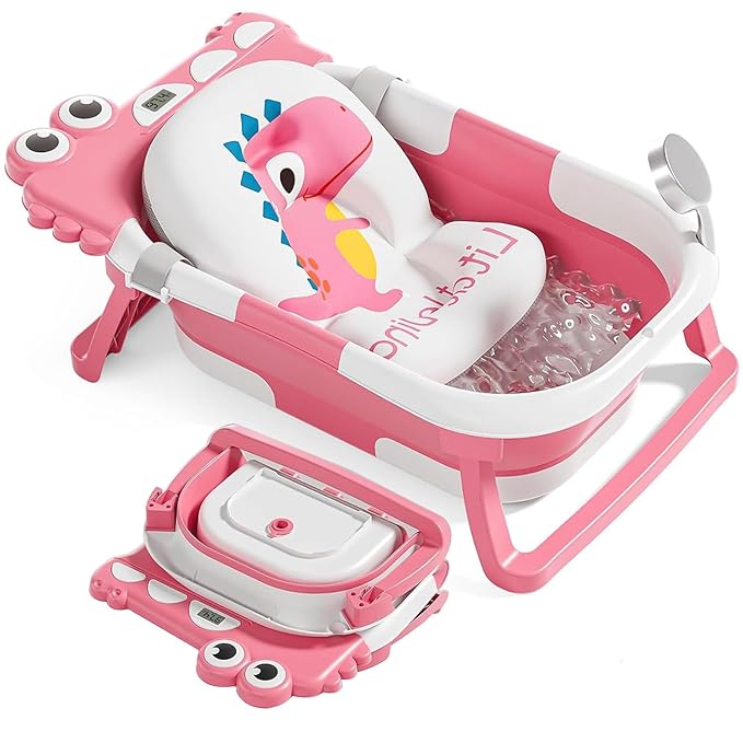 TPN Collapsible Baby Bathtub, Baby Bath Tub with Soft Cushion & Real-Time Thermometer, Baby Bathtub Infant to Toddler Tub (0-36 Months), Portable Travel Baby Tubs for Newborns (Pink)