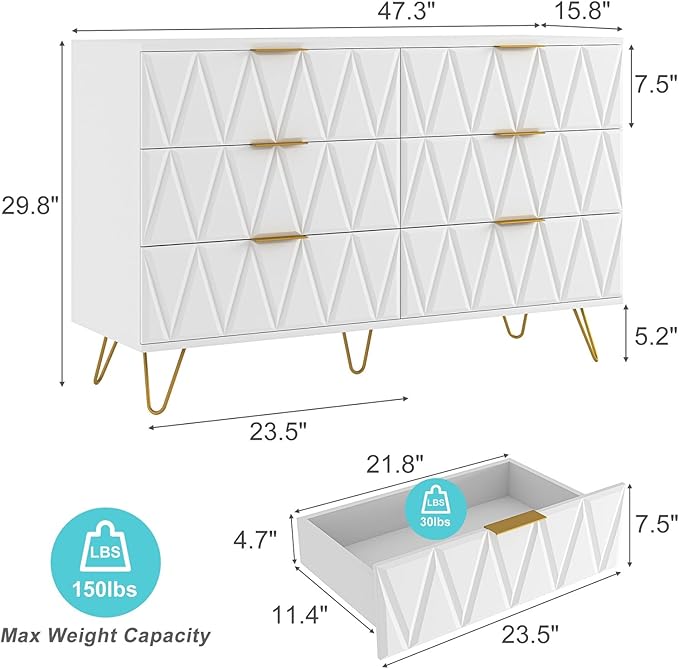 White Dresser for Bedroom,Modern 6 Drawer Dresser with Gold Handle and Leg,Wide Storage Chest of Drawers,Wood Dresser Bedroom Furniture,TV Dresser for Living Room