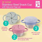 Elk and Friends Stainless Steel Snack Cups | Removable Silicone Food Catcher and Travel Lid | Spill-Proof Snack Containers for Baby, Toddler, Kids | Dishwasher Safe | 2 Pack