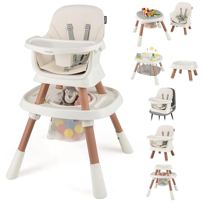 HONEY JOY 16-in-1 Baby High Chair, Convertible Highchair for Babies and Toddlers/Booster Seat/Activity Center with Toys, Building Block Table & Stool, Safety Harness, Removable Cushion & Tray (White)