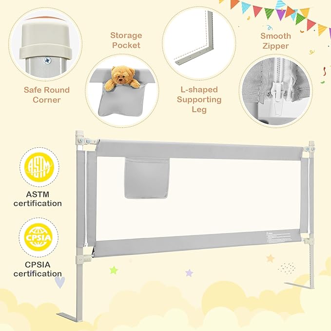 HONEY JOY Bed Rail for Toddlers, 77-in Extra Long, Portable Safety Bed Guardrail w/Side Pocket, Baby Bed Rail Guard, Fit King & Queen Full Twin Size Bed Mattress (77 INCH, Gray)