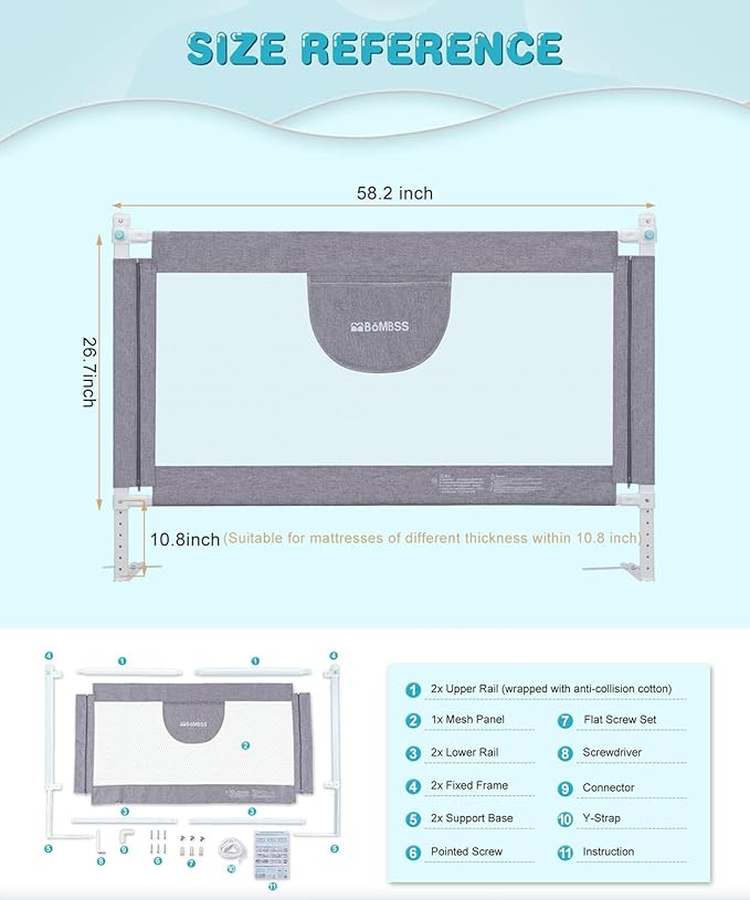 MBQMBSS 58'' L x 26.7" H Bed Rail for Toddlers, Baby Bed Rails Guard for Toddlers, Height Adjustable Rail Fit for Side of King Size Queen Full Bed, Bed Rails for Kids with Child Lock & Y-Shaped Strap